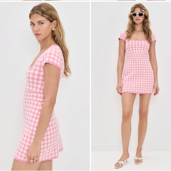 NWT LoveShackFancy Kellen Plaid Knit Mini Dress XSmall Pink Pearl Plaid - Picture 2 of 9